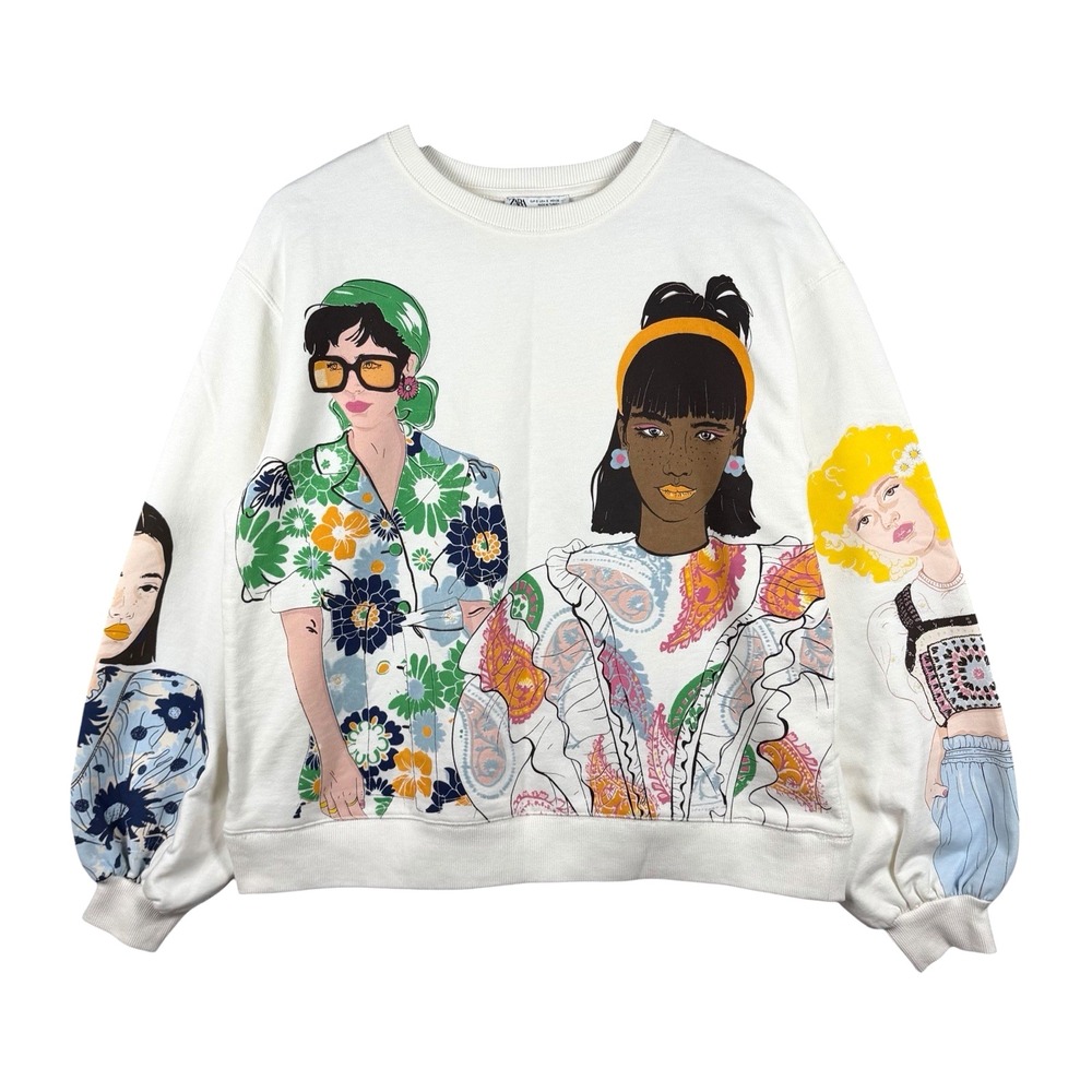 Zara Women's Sz S Graphic Print Sweatshirt Cream Cotton Blend, Girl